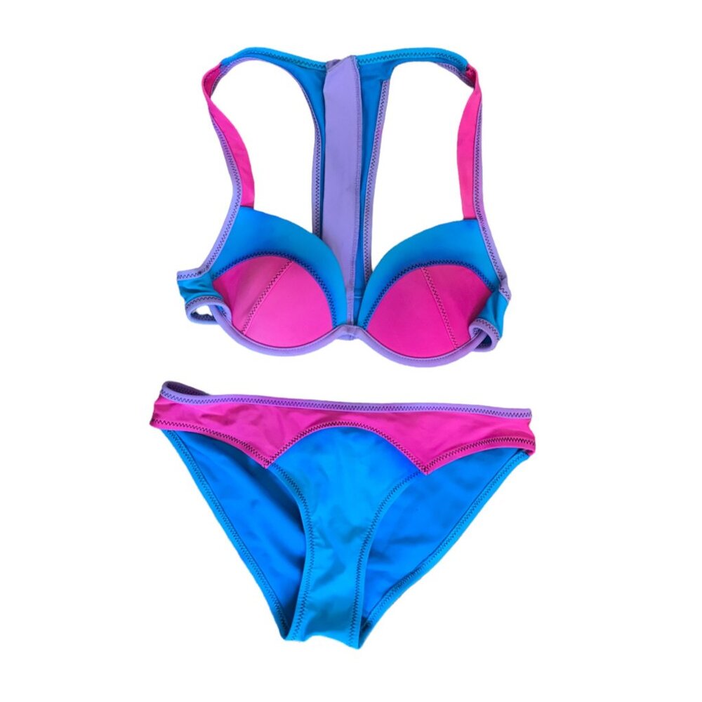 TiniBikini Colorblock Two Piece Swimsuit Bikini Set Sz S Zip Racerback Swim Surf